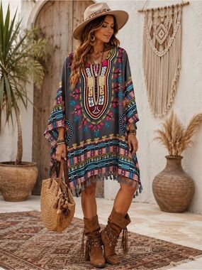 Bohemian Floral Embroidered Tunic Dress - Gray